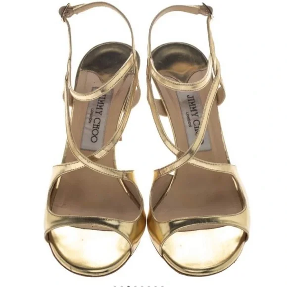 靴 JIMMY CHOO 37.5 PAXTON Jimmy Choo Gold Mirror Leather Paxton Cross Strap Sandals